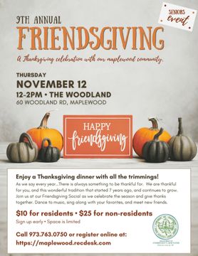 Friendsgiving event flyer with pumpkins, dinner details, and November 12 at The Woodlands.