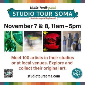 Studio Tour SOMA event poster with colorful art images, Nov. 7–8, 11am–5pm, free event badge