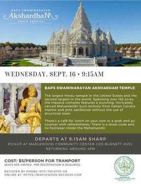 Akshardham temple event flyer with temple photo, date, times, and Gandhinagar location details