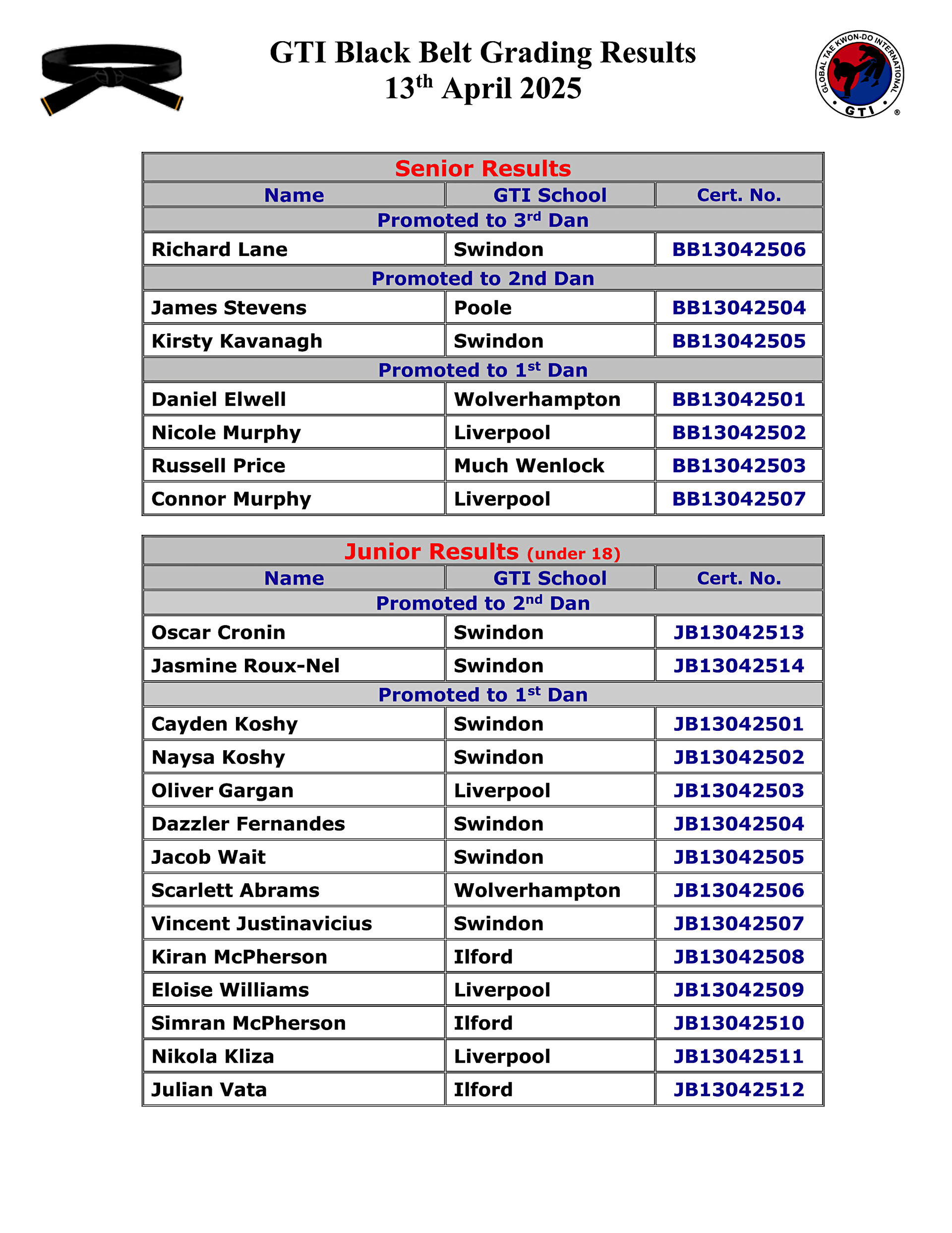 Image of list of results for successful dan grading applications on 13/04/2025