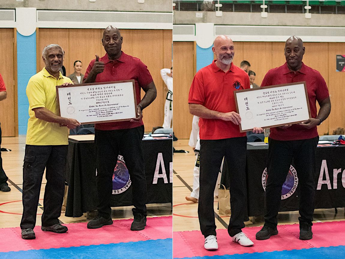 Masters Paresh Bhadeshia (L) and Andy Betts (R) 8th dan awards.