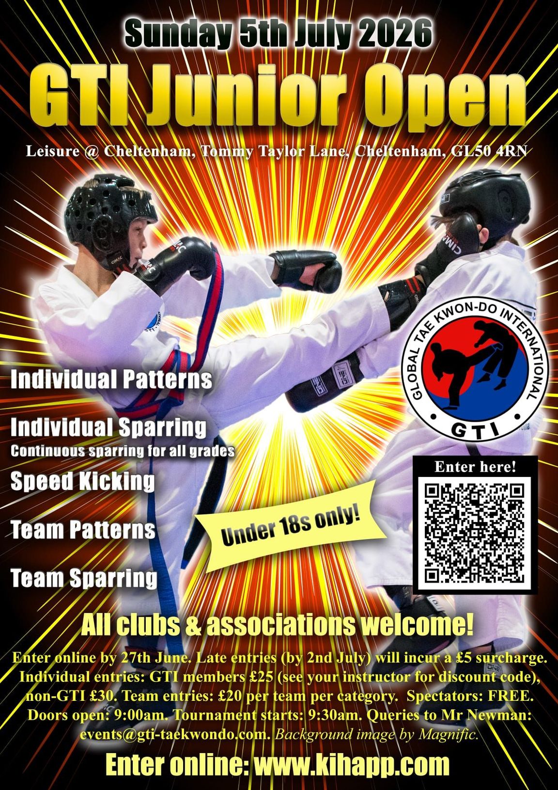 Click to image to enter online or scan the QR code. Poster for GTI Junior Open 2026