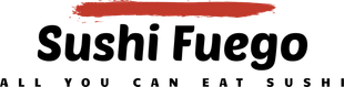 Sushi Fuego logo with a red brushstroke and black text on a white background