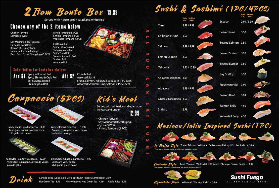 Black sushi menu board with photos, prices, and categories like rolls, nigiri, combo meals, and drinks