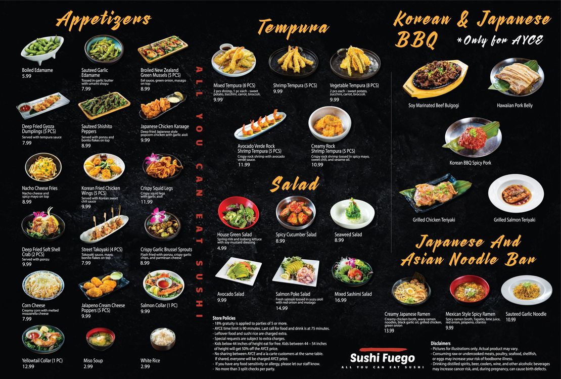 Black restaurant menu board with photos of appetizers, salads, Korean and Japanese dishes, and prices