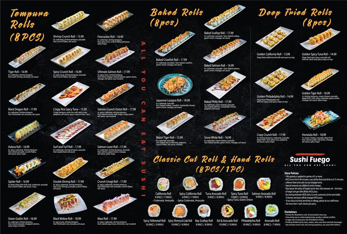 Sushi menu board with photos and prices for tempura, baked, deep-fried, and classic rolls on a black background