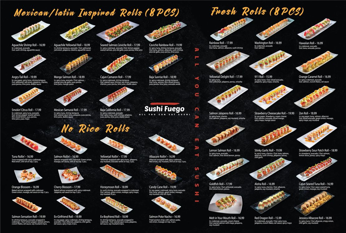 Menu of sushi rolls with many labeled photos on a black background, split into sections.
