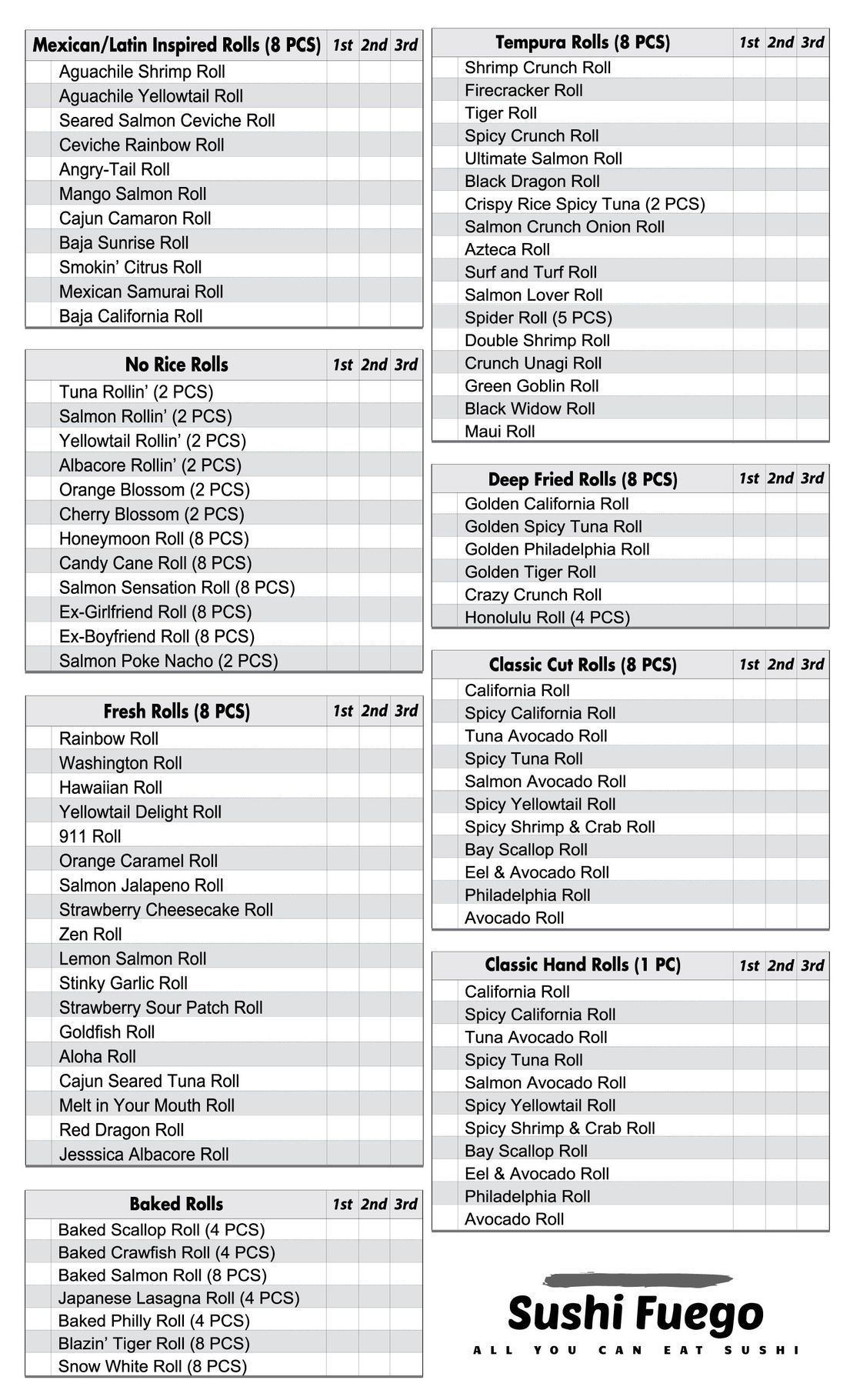 Black-and-white restaurant menu with multiple sections and the Sushi Fuego logo at the bottom.