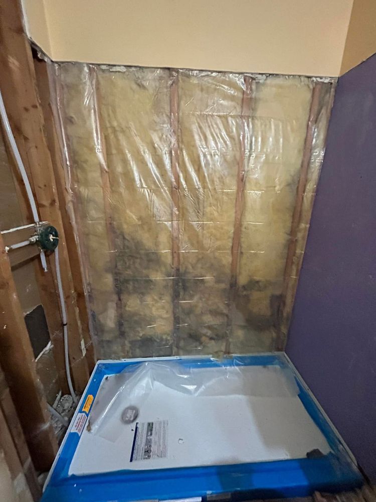 Bathroom under renovation with exposed studs, black mold, and new shower base.