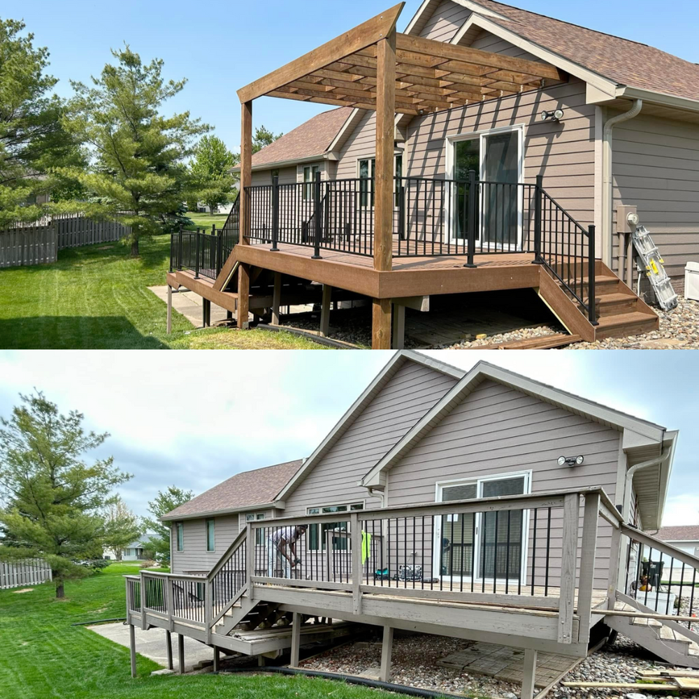 Two photos: top shows a new deck with pergola; bottom shows the old deck.