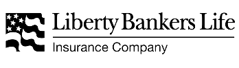 The liberty bankers life insurance company logo is black and white.