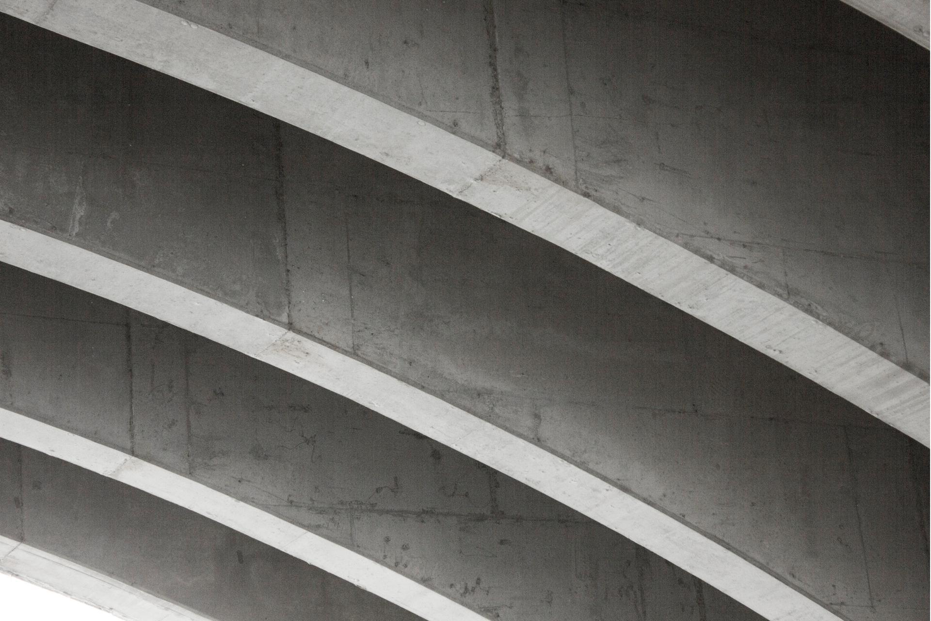 Concrete bridge underside with curved supports, in grayscale.