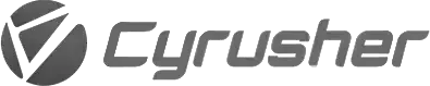 A black and white logo for cyrusher on a white background.