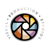 The logo for Visual Production Studios, a Salt Lake City video production company, shows a camera lens in a circle.