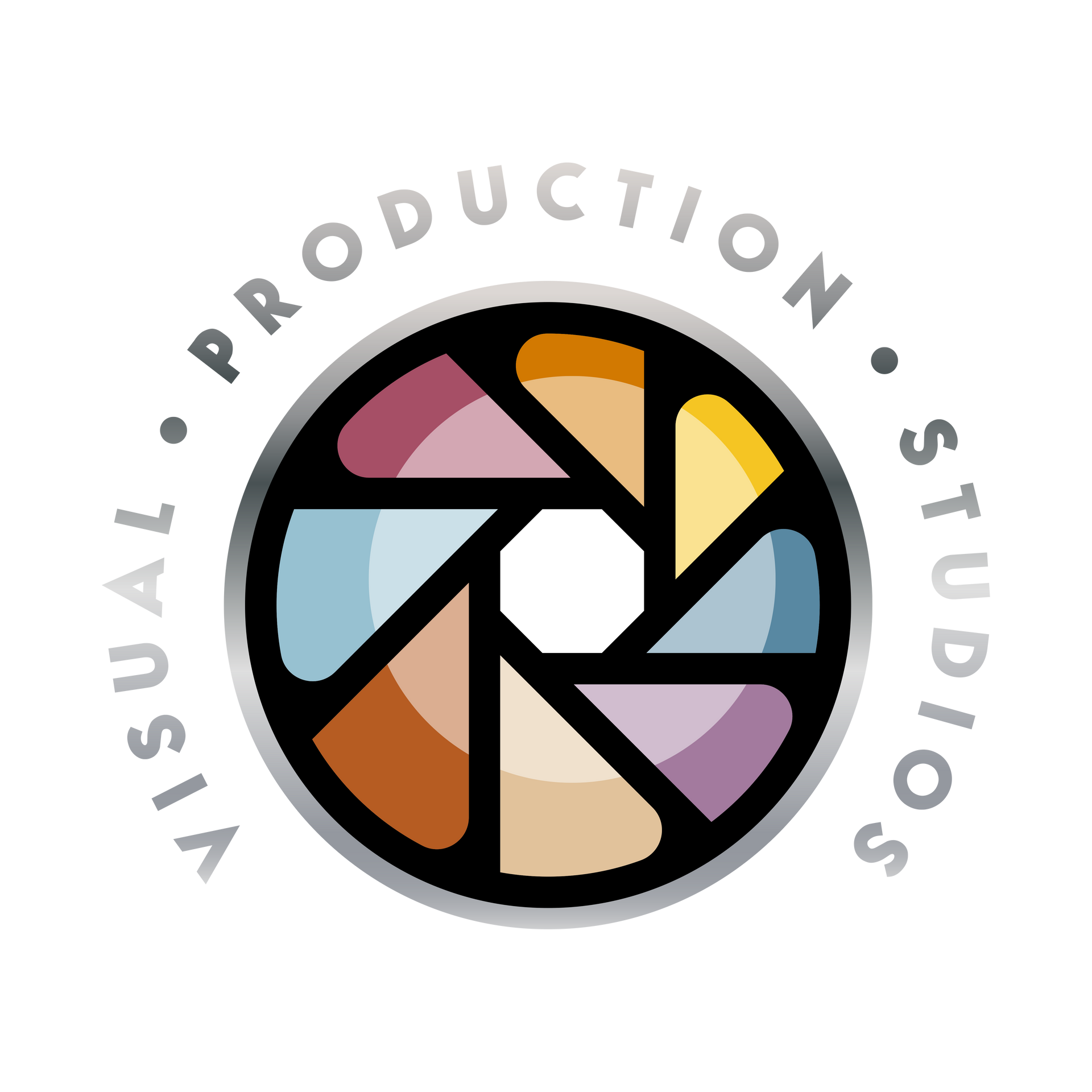 The logo for Visual Production Studios, a Salt Lake City video production company, shows a camera lens in a circle.