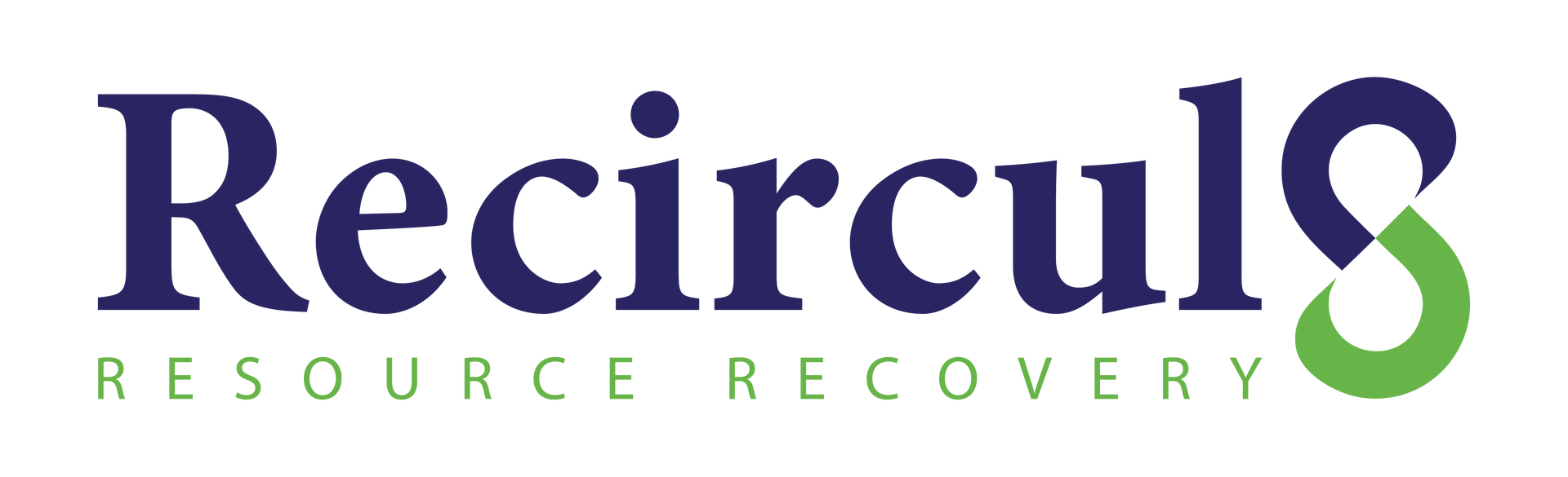Recircul8 logo: Dark blue text and an 8-shape with a green swirl. 