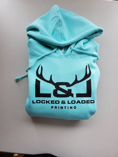 Turquoise hoodie with “LOCKED & LOADED PRINTING” logo on a plain background