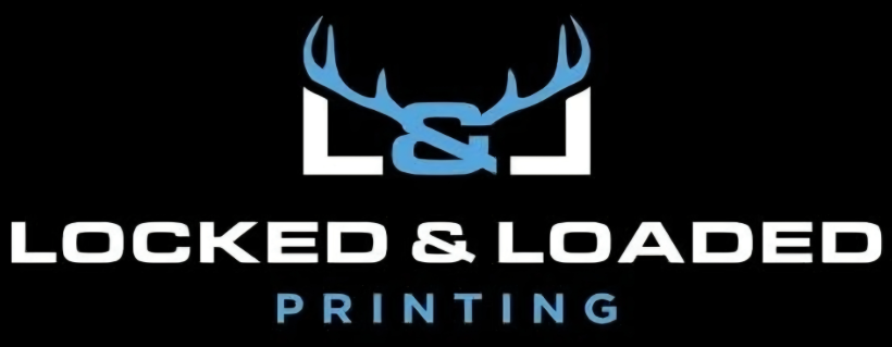 Locked & Loaded Printing logo with antlers over the name in white and blue on a black background