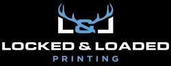 Locked & Loaded Printing logo with antlers over the name in white and blue on a black background