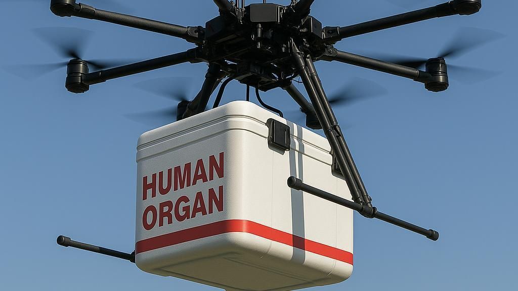 A drone is carrying a box that says human organ on it fantoni production!