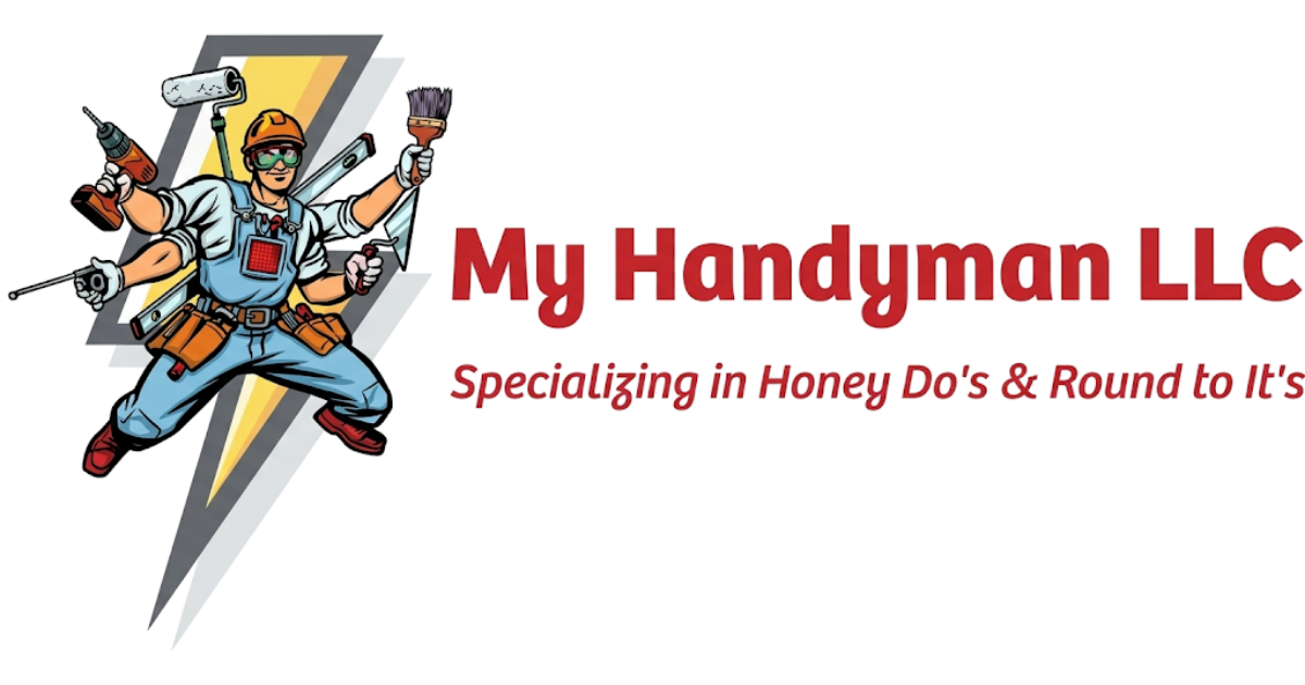 A handyman logo showing a multi-armed figure holding various tools, with the text
