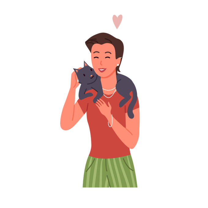 Person in a red shirt holding a dark gray cat, with a small heart above them.