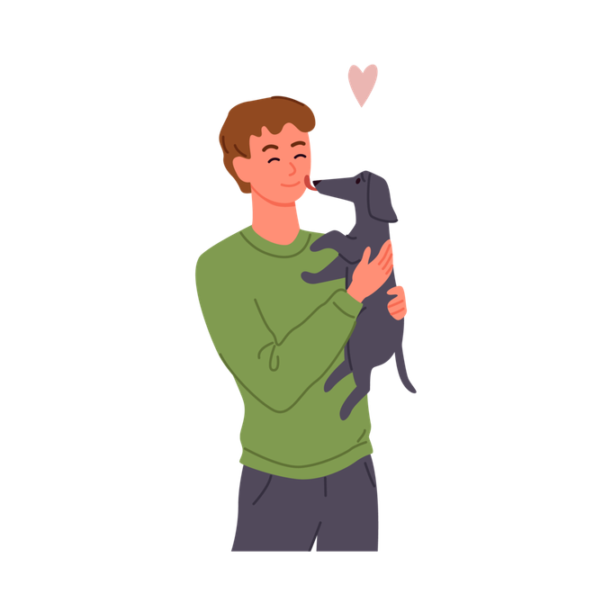 Person in a green sweater holding a small black dog with a heart above them