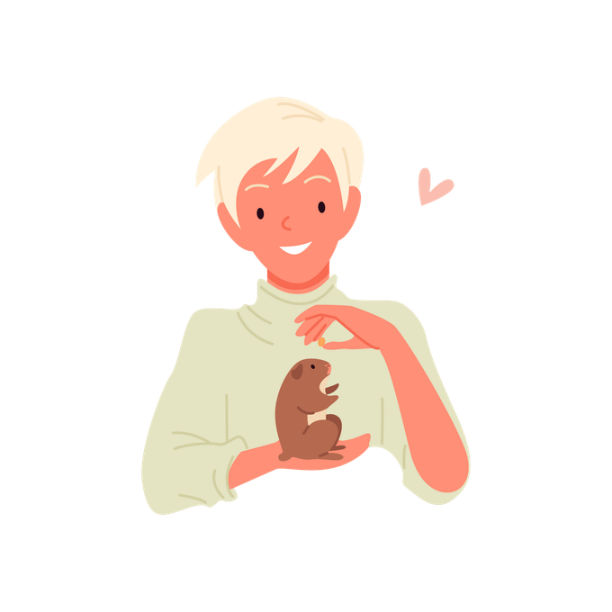 Person with blond hair gently holding a small brown puppy, with a small heart beside them.