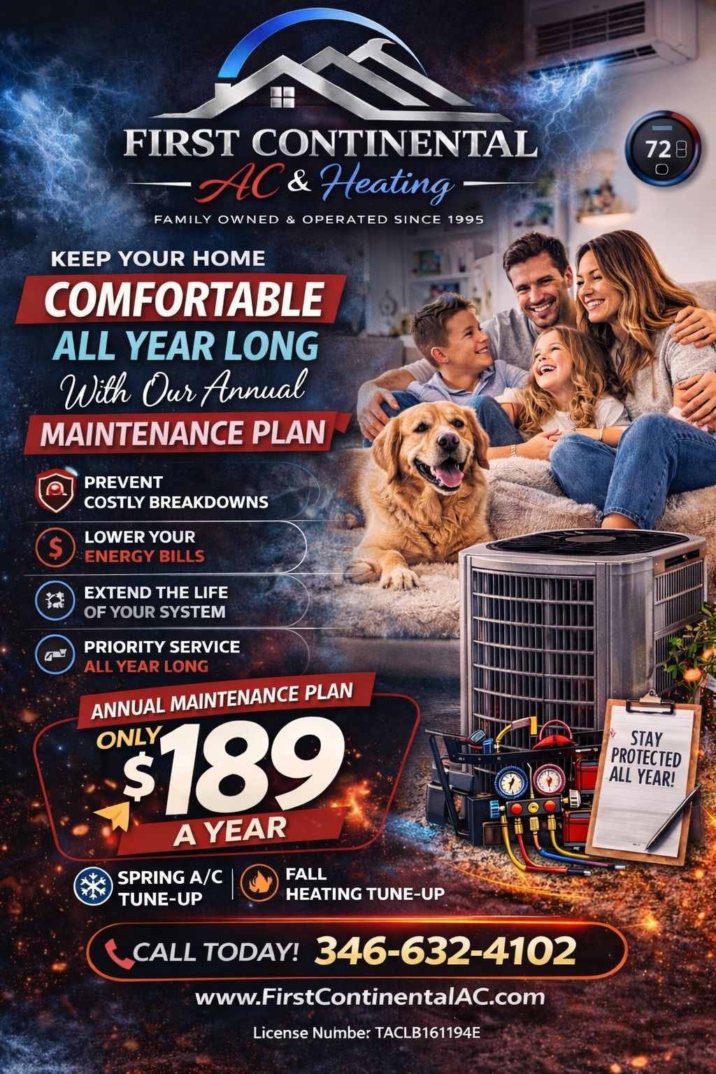 HVAC maintenance ad with family on sofa and furnace, promoting $189 yearly plan and 24/7 heating service