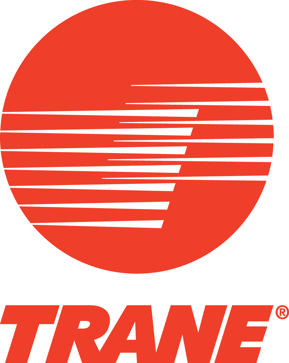 Trane logo: red circular emblem with white lines above red wordmark