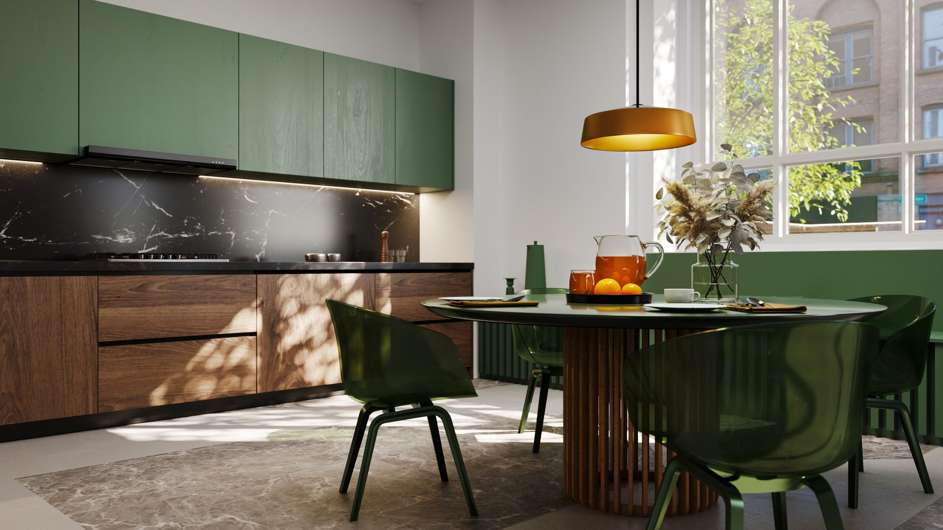 Modern kitchen with green cabinets, wooden accents, and a round dining table.