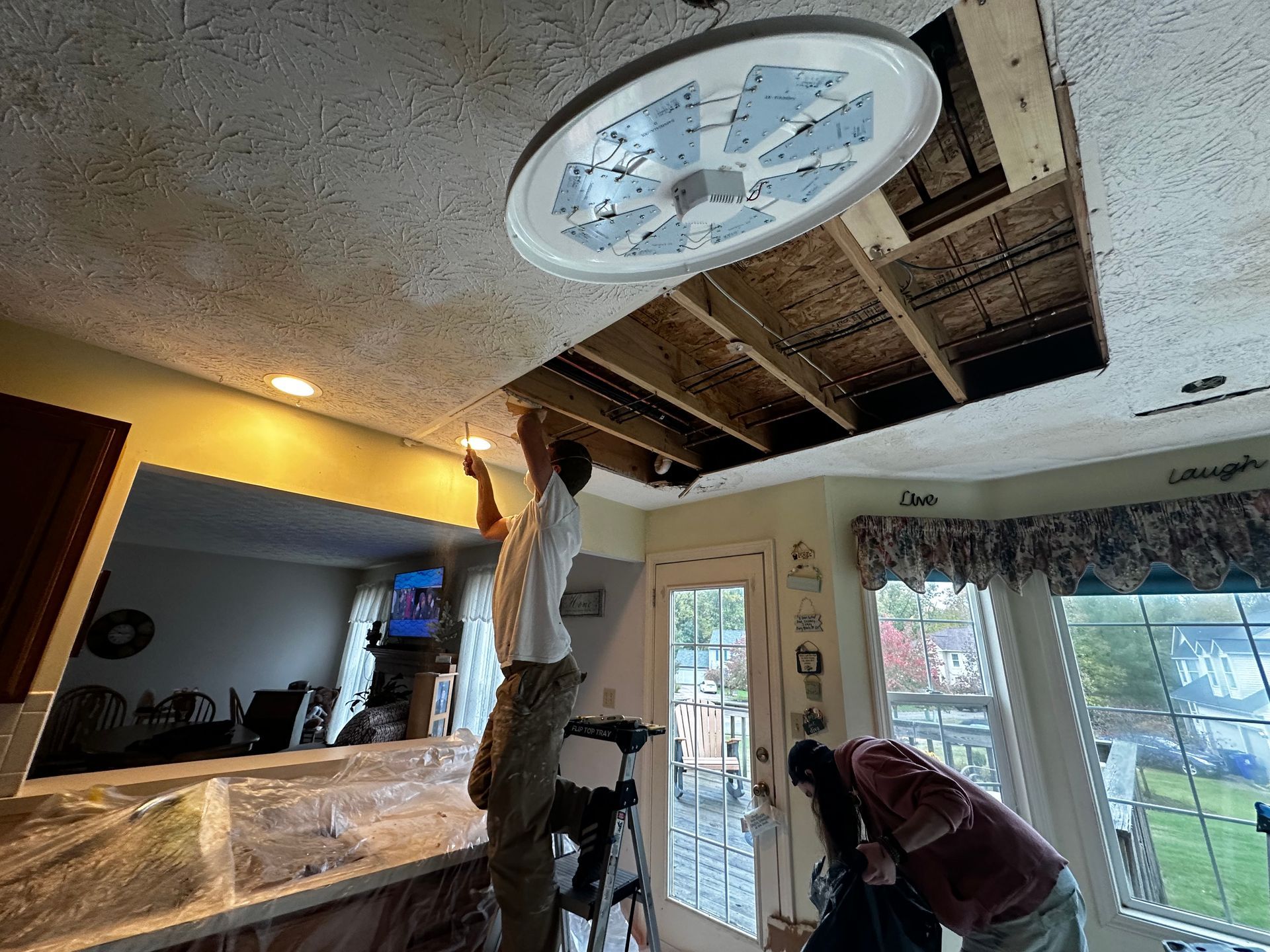 Ceiling repair and retexturing before photo in Kent Ohio by Inspired Services & Painting