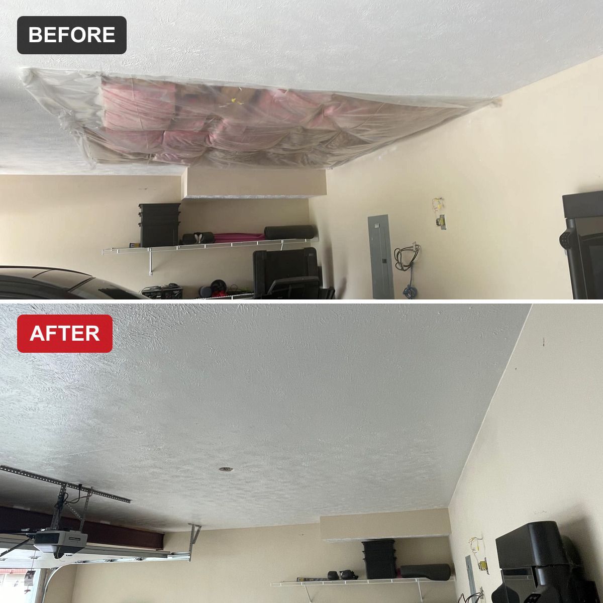 Before-and-after garage ceiling drywall repair and texture matching in Copley, Ohio