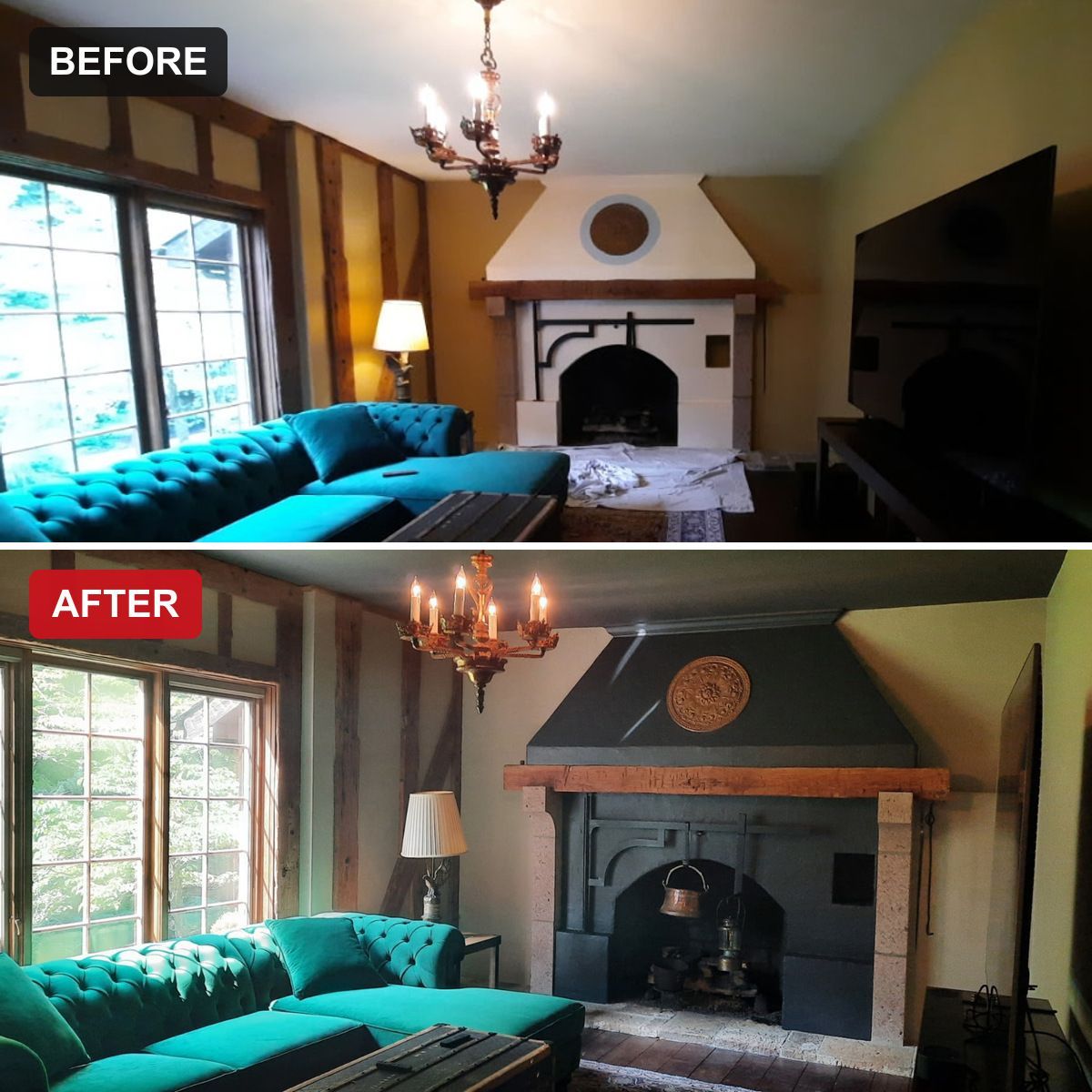 Moody living room and fireplace painted Sherwin-Williams Iron Ore in Richfield, Ohio