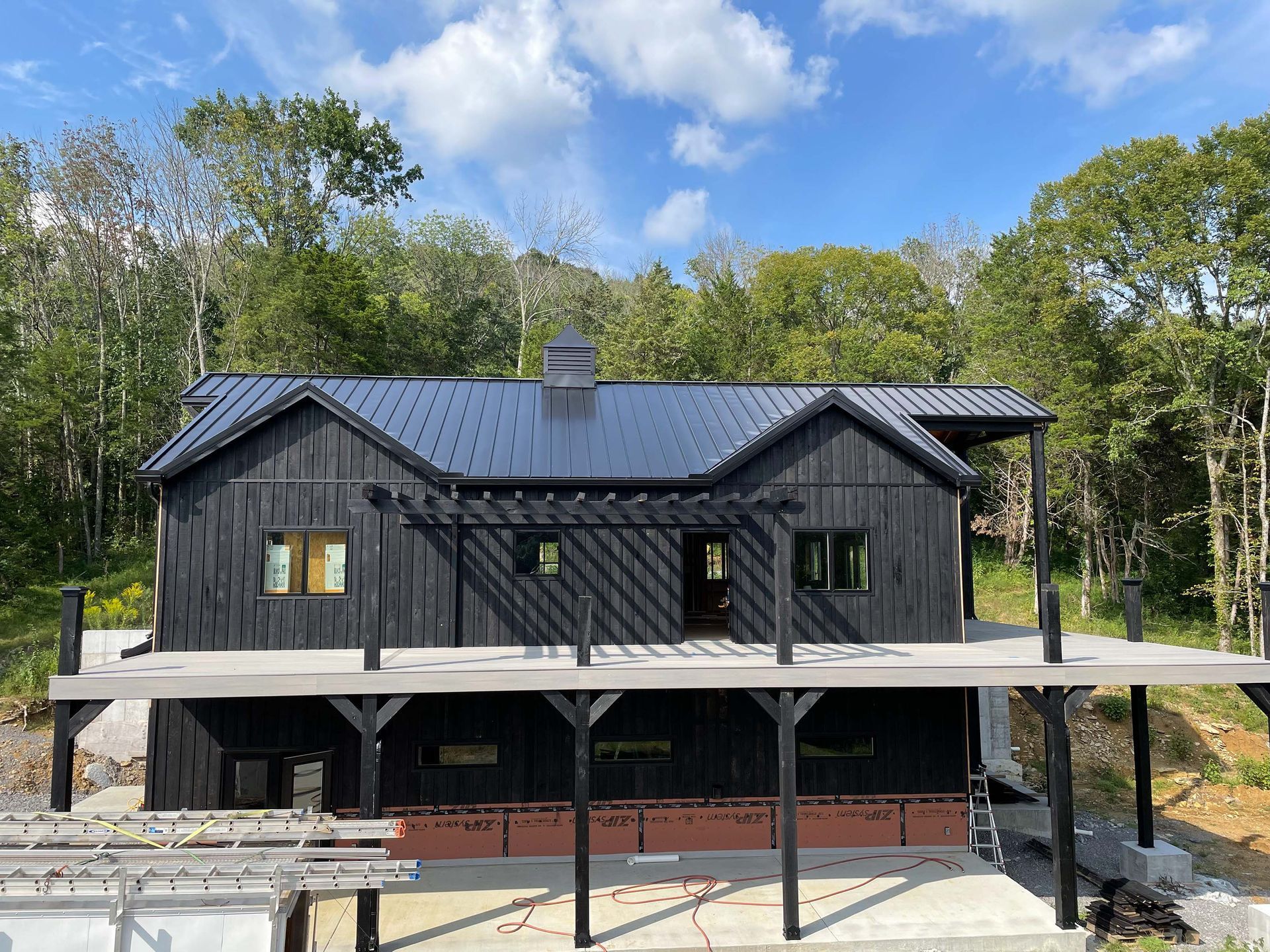 A black house with a black roof is surrounded by trees.