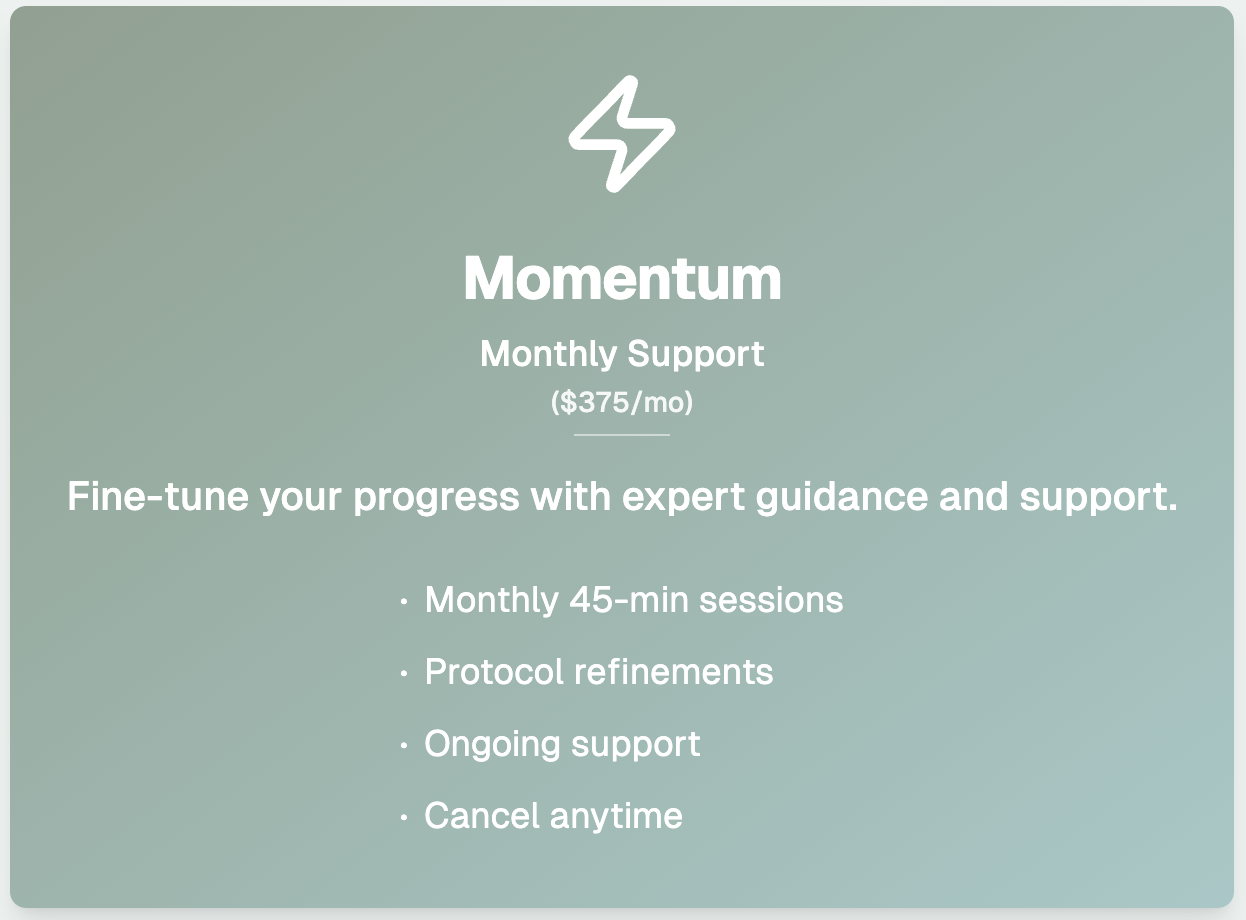 Momentum monthly support plan details: $375/mo with 45-min sessions, protocol refinements, and ongoing support.