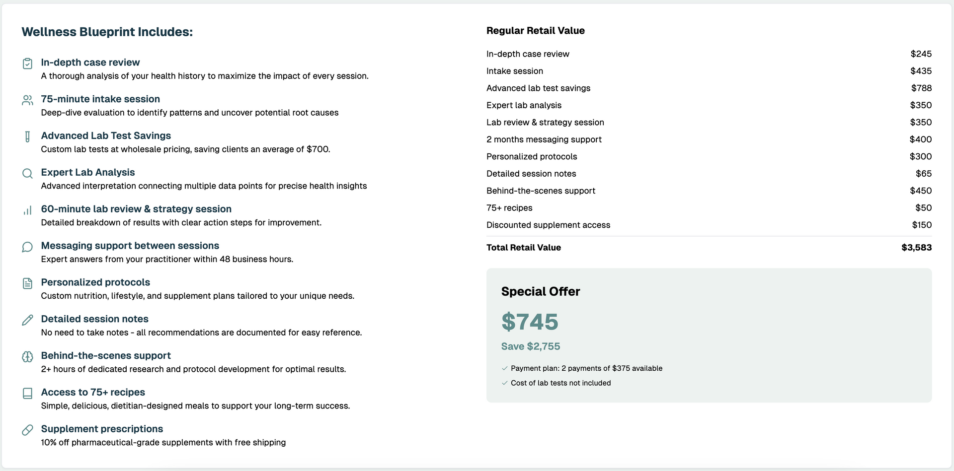 Wellness discount details, including a price of $745.