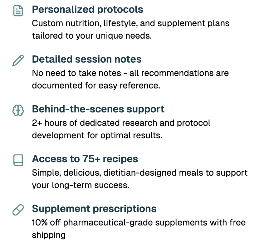 Features: personalized protocols, session notes, support, recipes, supplement prescriptions with free shipping.