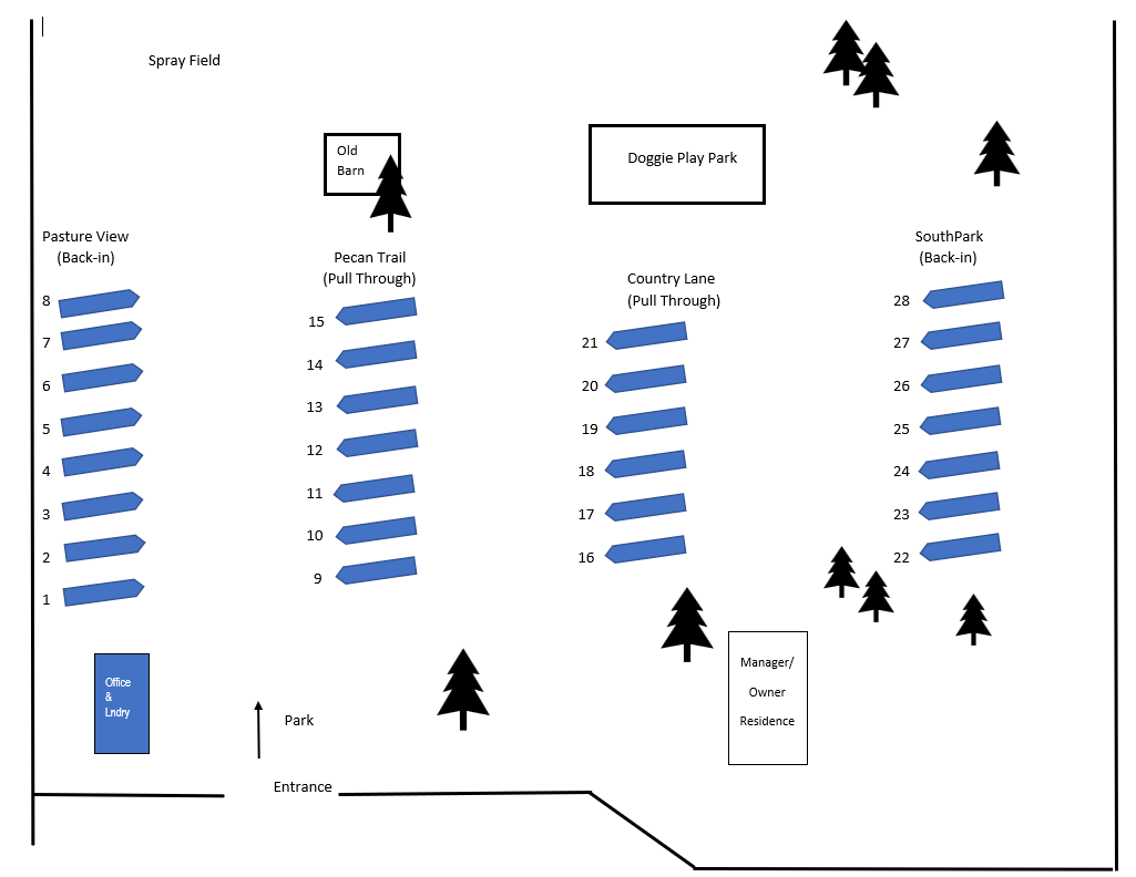 A map of a parking lot with blue lines and trees