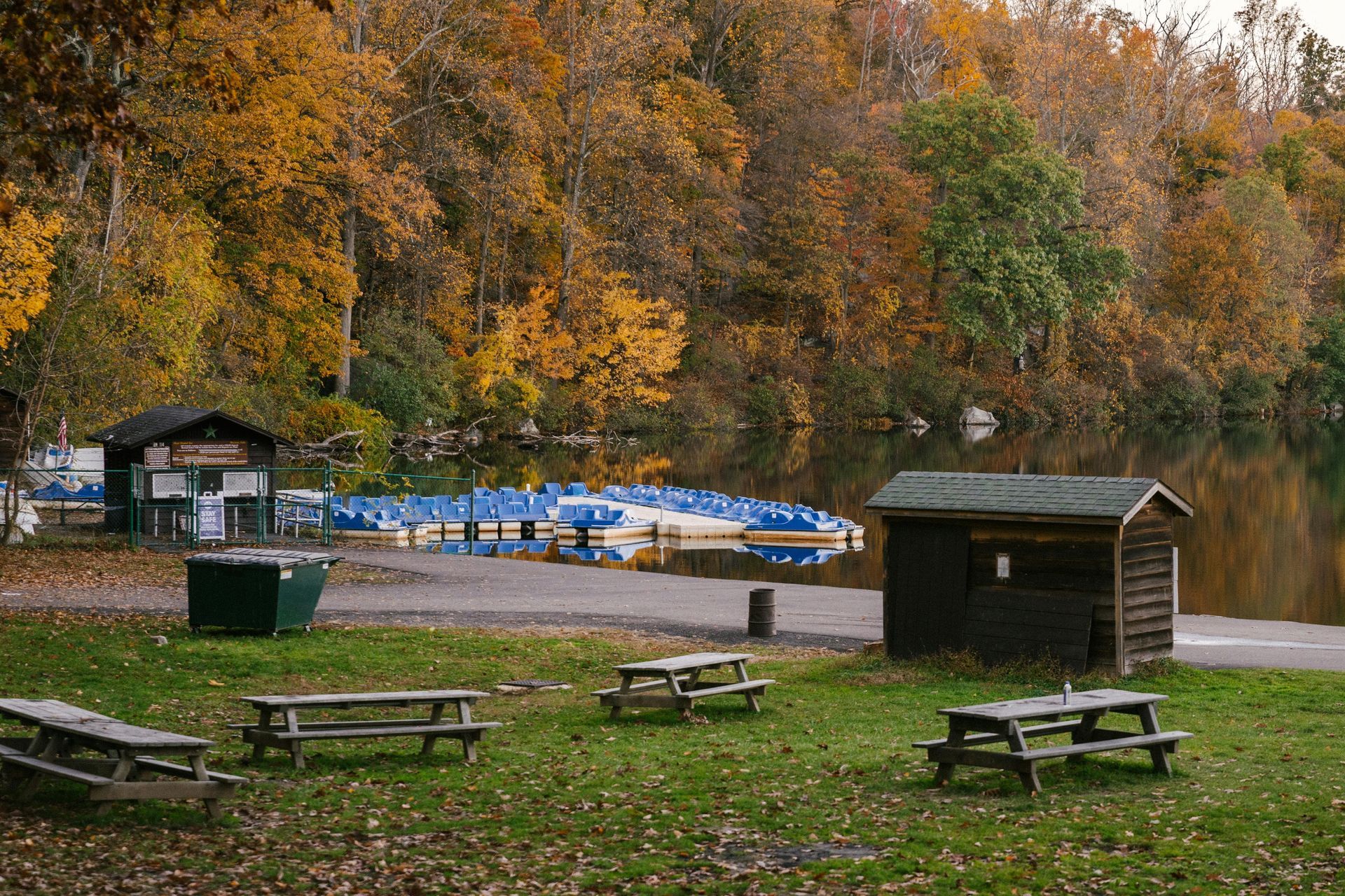 A row of picnic tables in a park next to a lake
