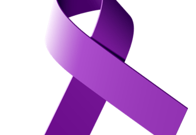 A close up of a purple ribbon on a white background