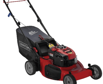 A red and black craftsman lawn mower on a white background