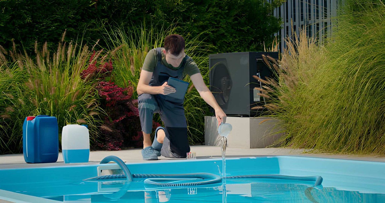 Person kneels beside a pool, reaching toward a small dog near the water’s edge.