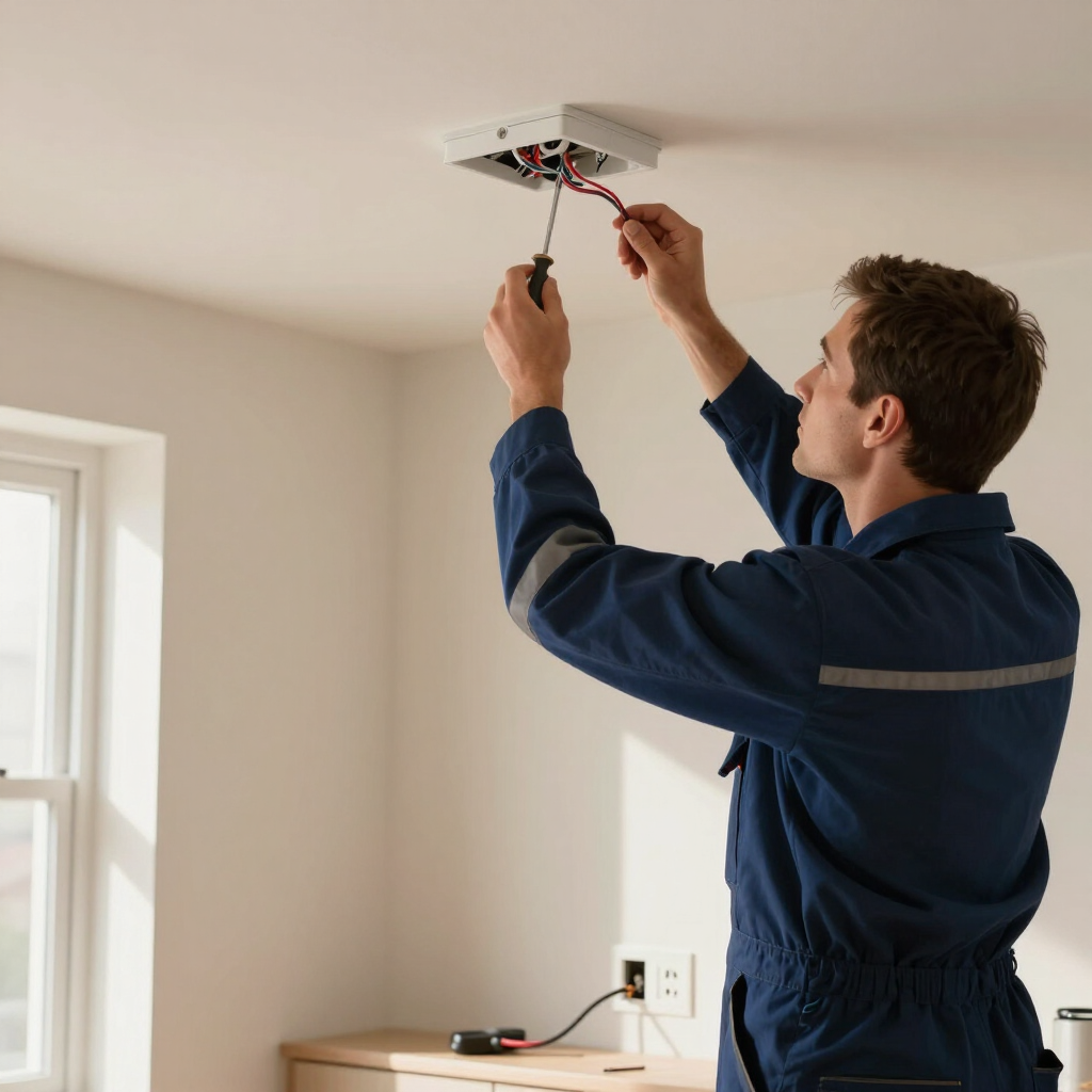 Electrician wiring a ceiling light fixture in a room with white walls.