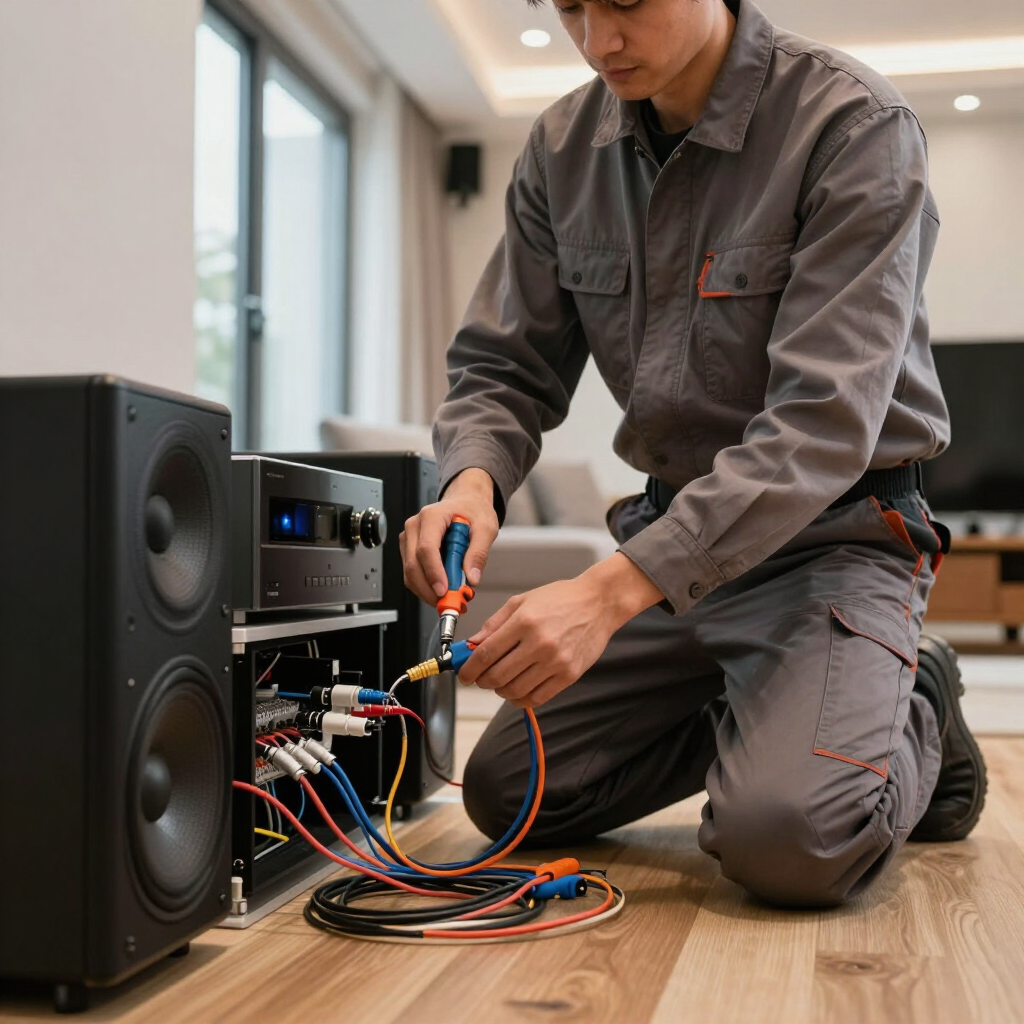 Technician kneeling on a wooden floor, wiring audio equipment beside a large speaker.
