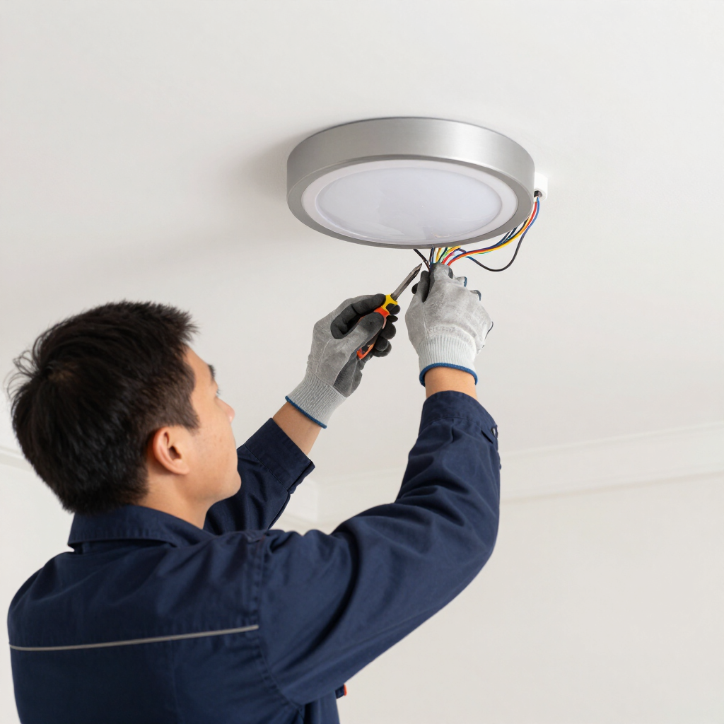 Electrician wiring a round ceiling light with a screwdriver indoors