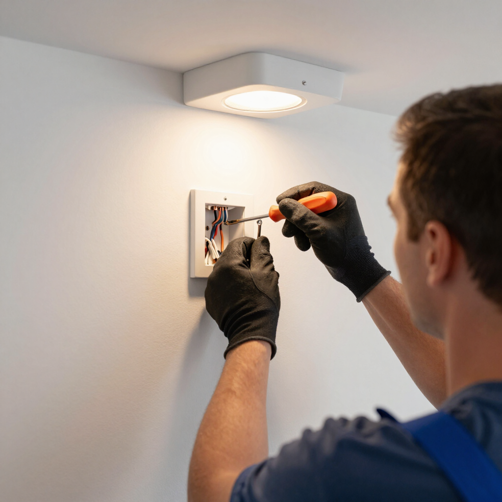 Technician wiring a wall light switch with a screwdriver under a ceiling light