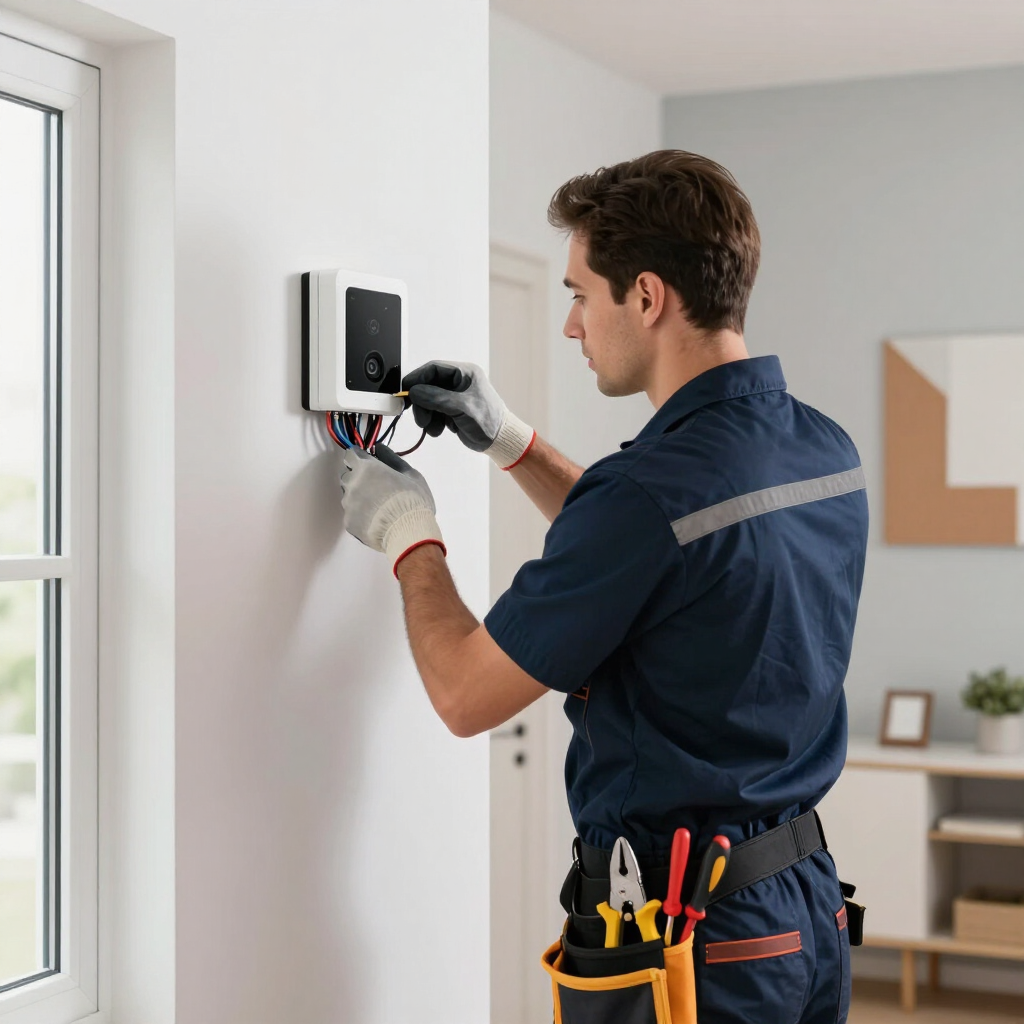 Technician installing a wall-mounted device with tools in a bright room near a window