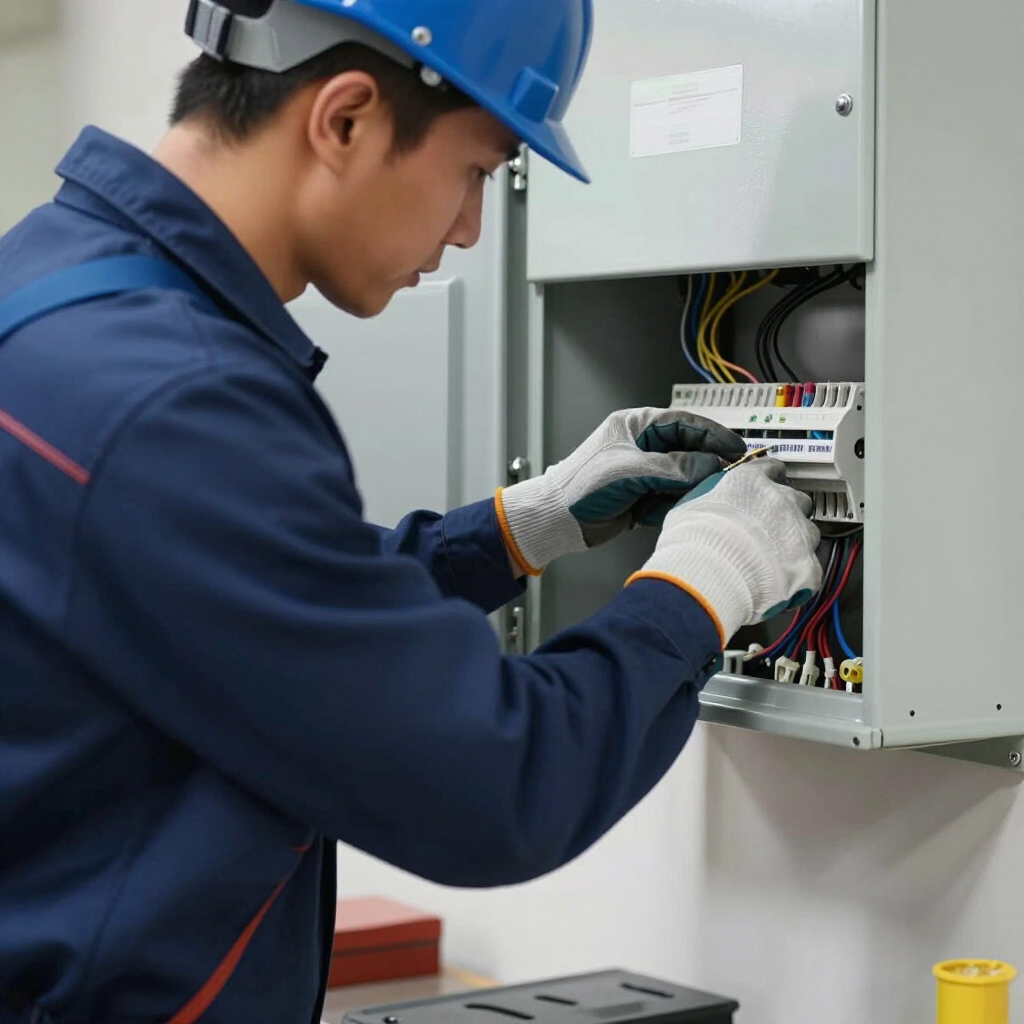 Technician in blue uniform wiring an electrical control panel