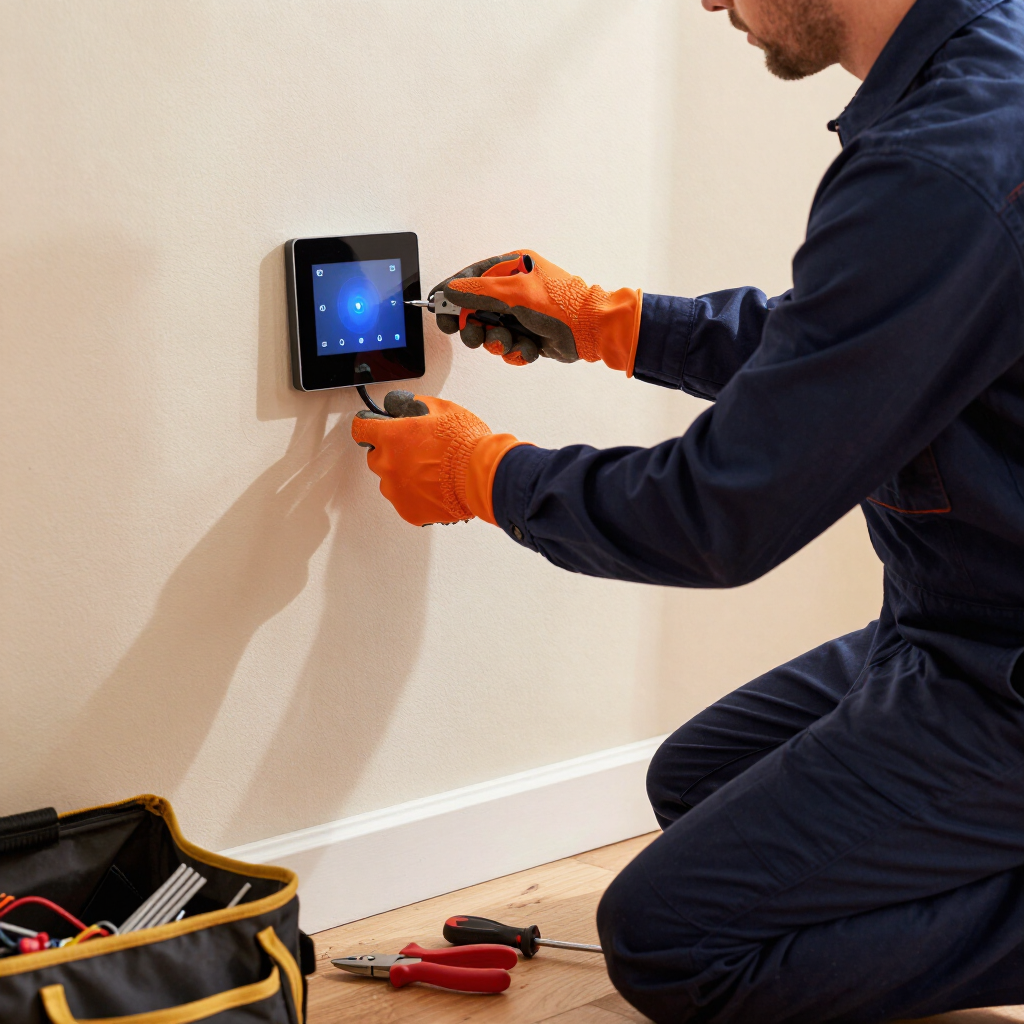 Technician installing a wall-mounted thermostat with tools nearby on a white wall.